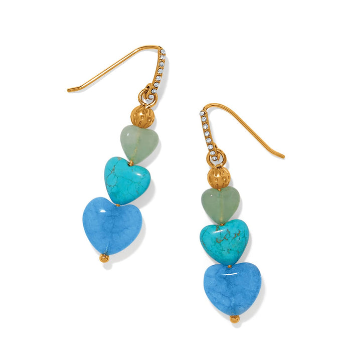 Brighton drop earrings with green, turquoise, and blue heart-shaped stones and gold-tone crystal accents on a white background