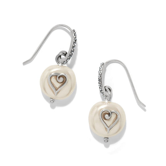 Brighton drop earrings with coin glass pearls, silver-plated heart accents, and crystal-set hooks on a white background
