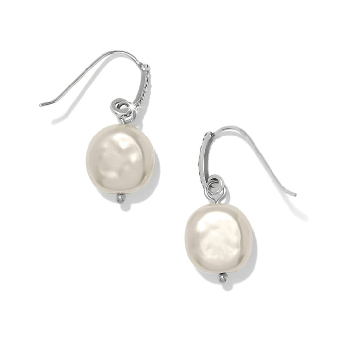 Brighton drop earrings with coin glass pearls, silver-plated hooks, and crystal accents on a white background