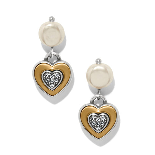 Brighton drop earrings with coin glass pearls and two-tone heart charms with crystal accents on a white background