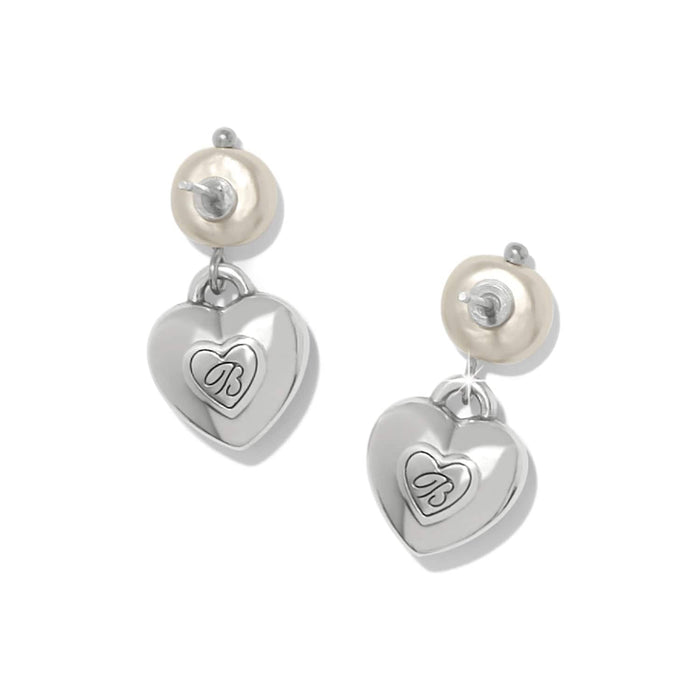 Brighton drop earrings with coin glass pearl studs and silver-tone engraved heart charms on a white background