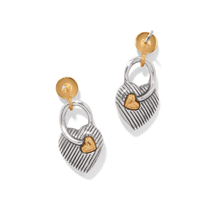 Brighton drop earrings with silver-tone heart-shaped padlock charms and gold-tone heart accents on a white background