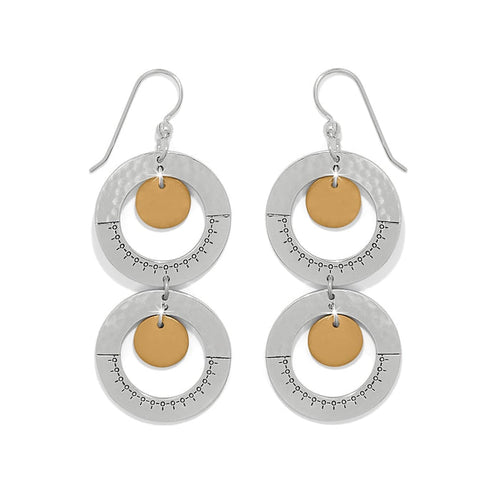 Brighton drop earrings with two-tone double silver hoops and gold-tone discs with engraved details on a white background