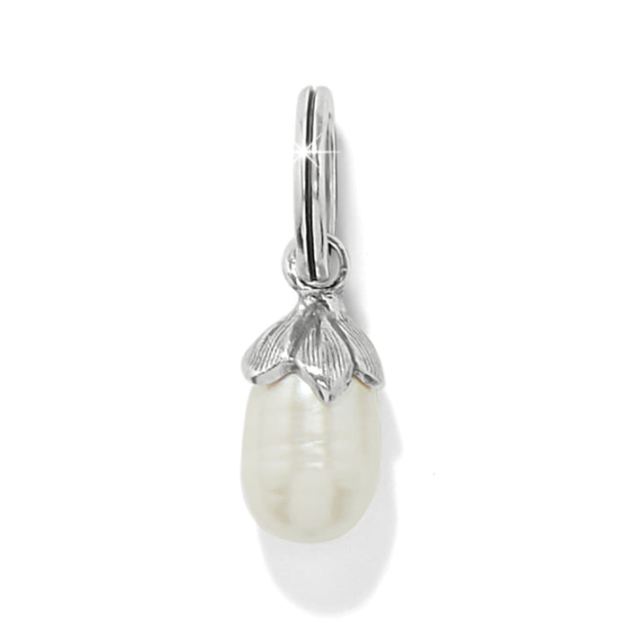 Brighton charm with rice pearl drop and silver-plated leaf cap on split ring on a white background