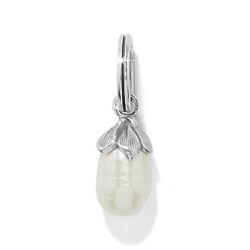 Brighton charm with rice pearl drop and silver-plated leaf cap on split ring on a white background