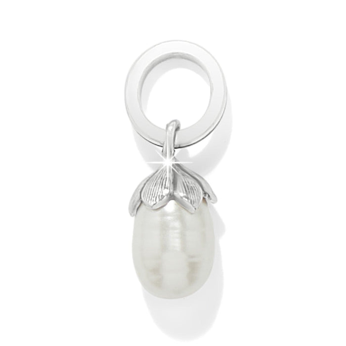 Brighton charm with silver-plated floral cap and rice pearl drop suspended from a polished ring on a white background