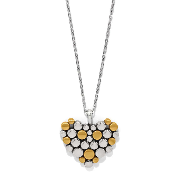 Brighton heart pendant necklace with two-tone silver and gold dotted cluster design on a white background