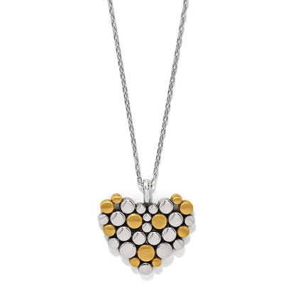Brighton heart pendant necklace with two-tone silver and gold dotted cluster design on a white background