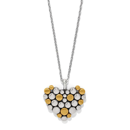 Brighton heart pendant necklace with two-tone silver and gold dotted cluster design on a white background