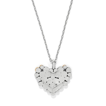 Brighton heart pendant necklace shown from the back with two-tone finish and beaded edge border on a white background
