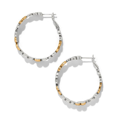 Brighton hoop earrings with two-tone silver and gold textured wavy design on a white background