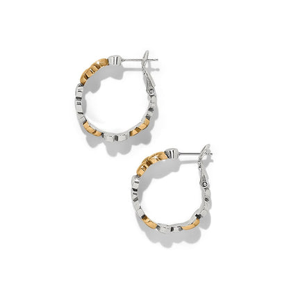 Brighton hoop earrings with two-tone silver and gold textured links and hinged closures on a white background