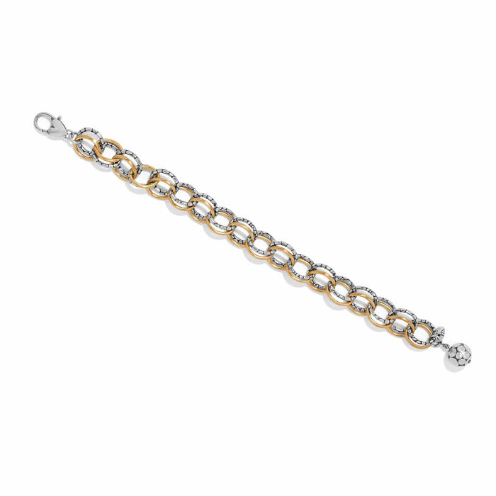 Brighton chain link bracelet with two-tone gold and silver rings, lobster clasp, and silver ball charm on a white background
