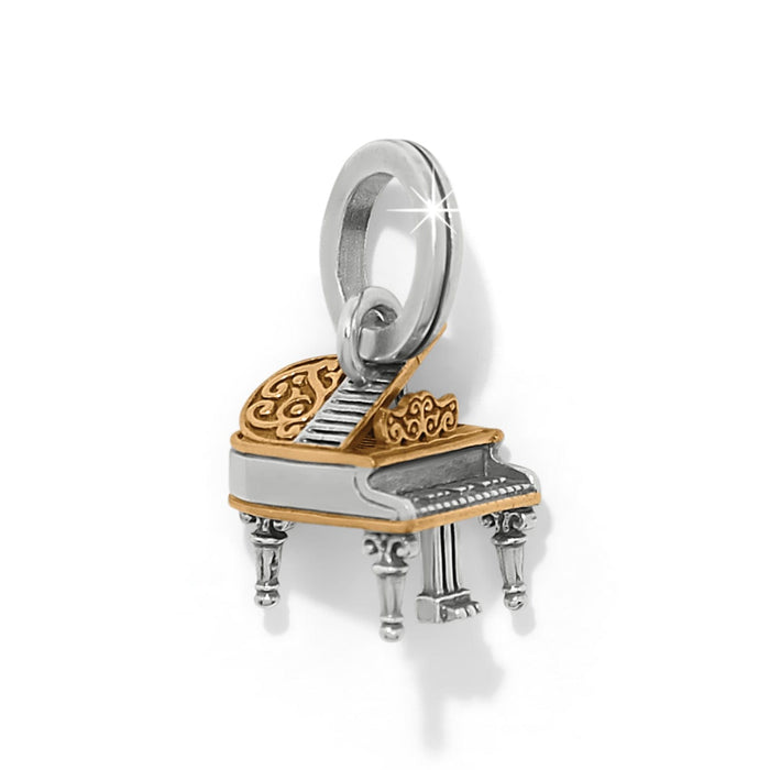 Brighton grand piano charm with two-tone silver and gold filigree detailing and ring bail on a white background