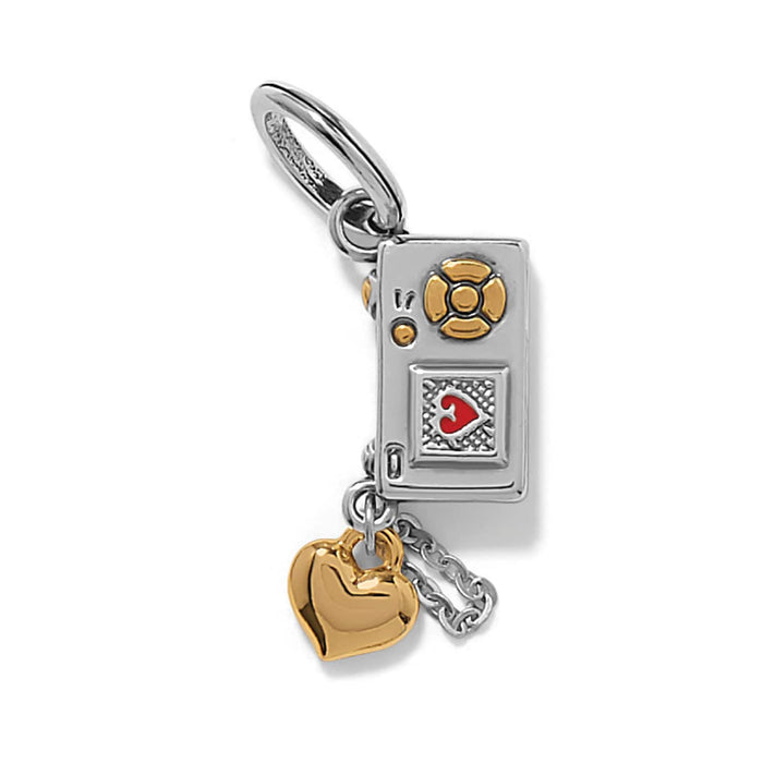 Brighton camera charm in two-tone finish with red enamel heart detail and dangling gold heart on a white background