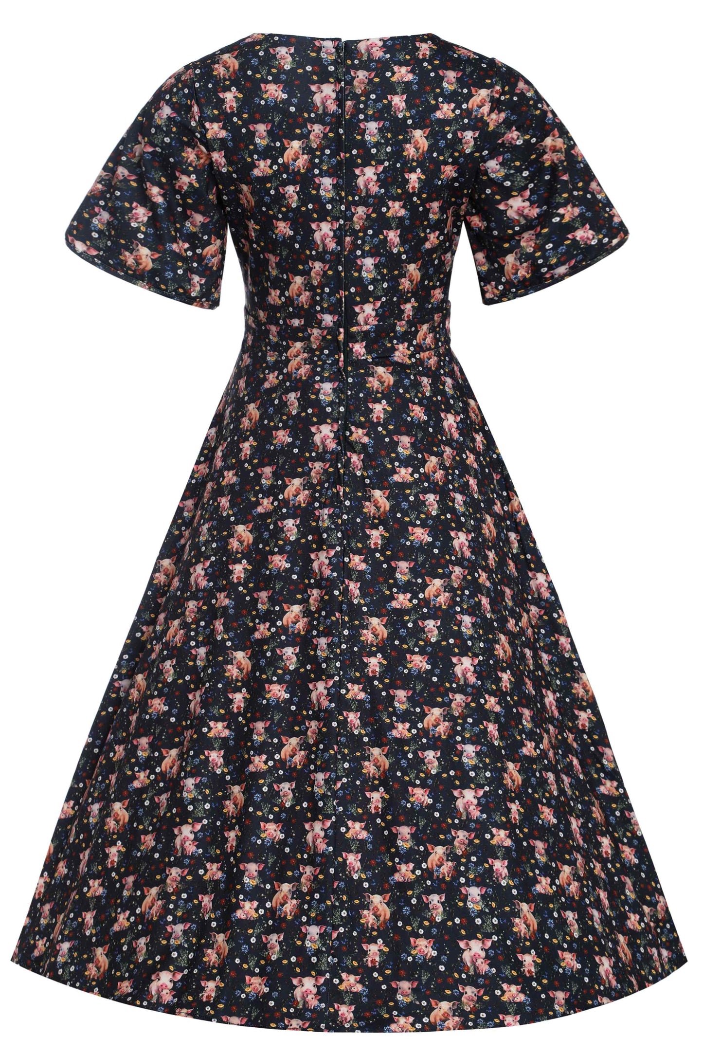 Janice Pig Print Petal Sleeved Tea Dress