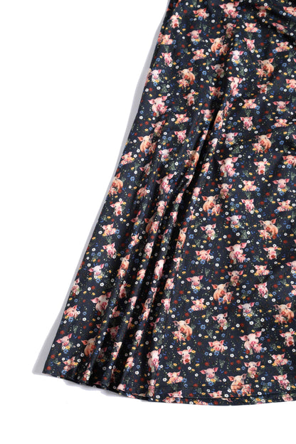 Janice Pig Print Petal Sleeved Tea Dress