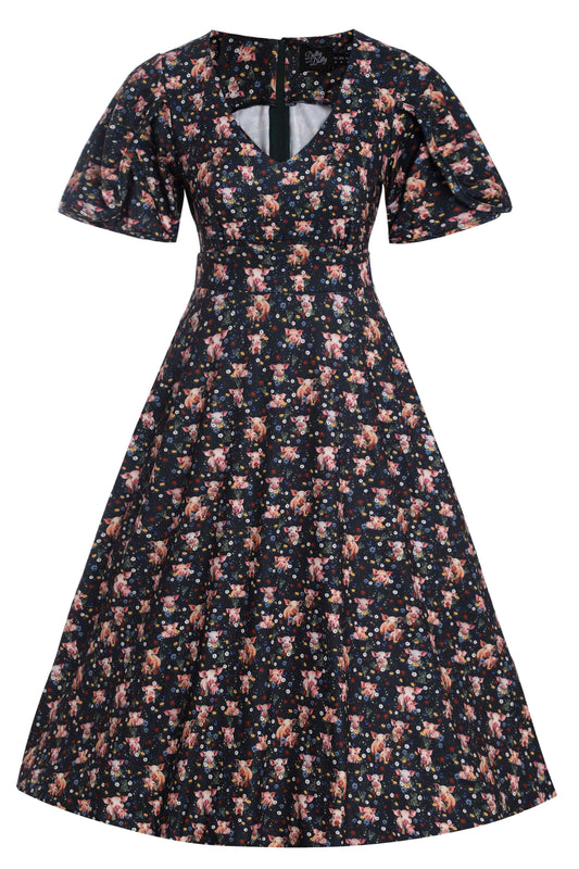 Janice Pig Print Petal Sleeved Tea Dress