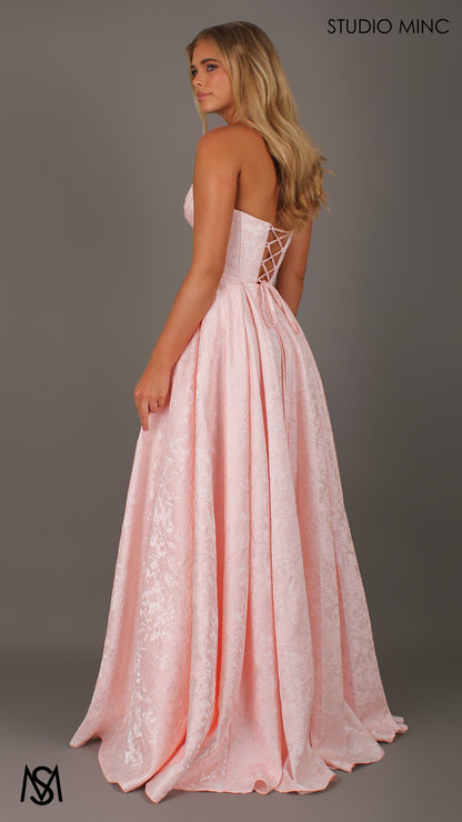 POSIE - Light pink Formal Dress, Strapless Basque waist Corset Beaded Bra Cups, Satin embossed floral Gown