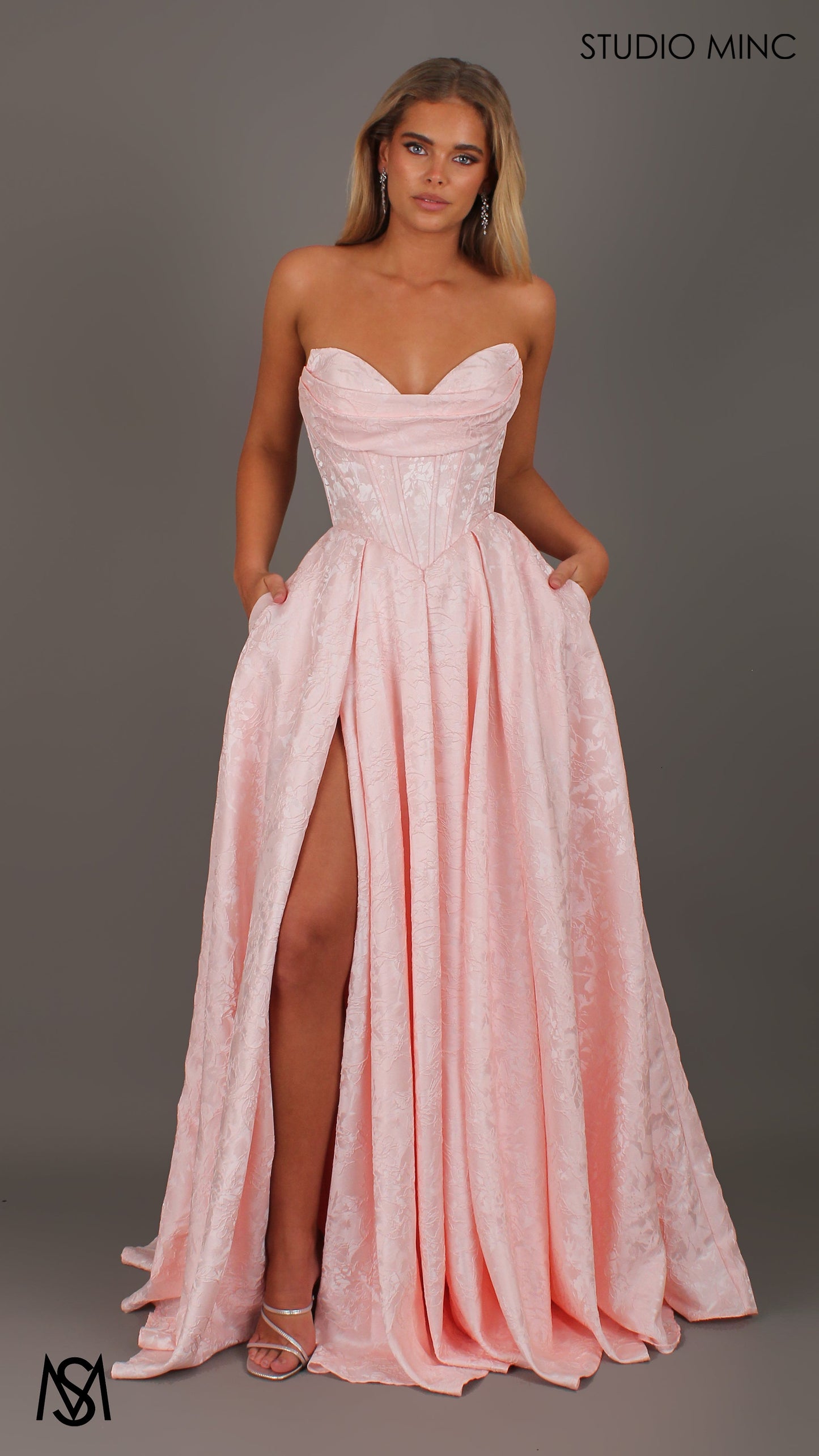 POSIE - Light pink Formal Dress, Strapless Basque waist Corset Beaded Bra Cups, Satin embossed floral Gown