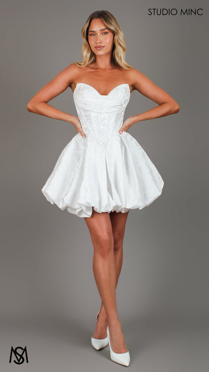 Posie Mini - White Bridal Mini Dress | Corset basque waist, floral embossed Satin Bubble Party Dress
