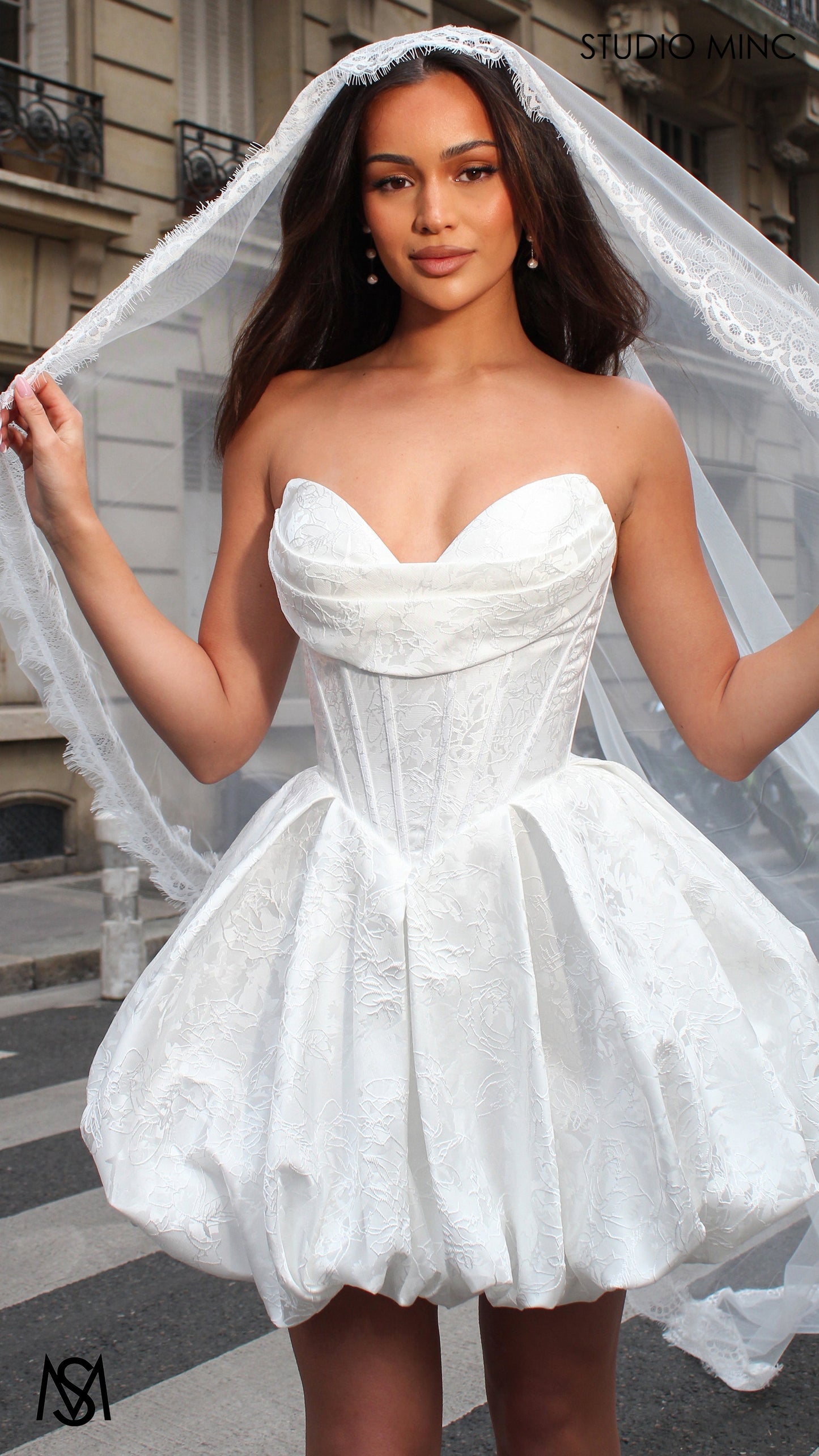 Posie Mini - White Bridal Mini Dress | Corset basque waist, floral embossed Satin Bubble Party Dress