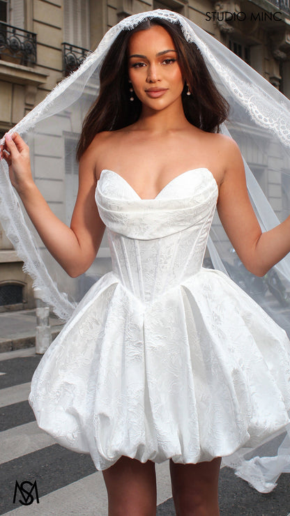 Posie Mini - White Bridal Mini Dress | Corset basque waist, floral embossed Satin Bubble Party Dress