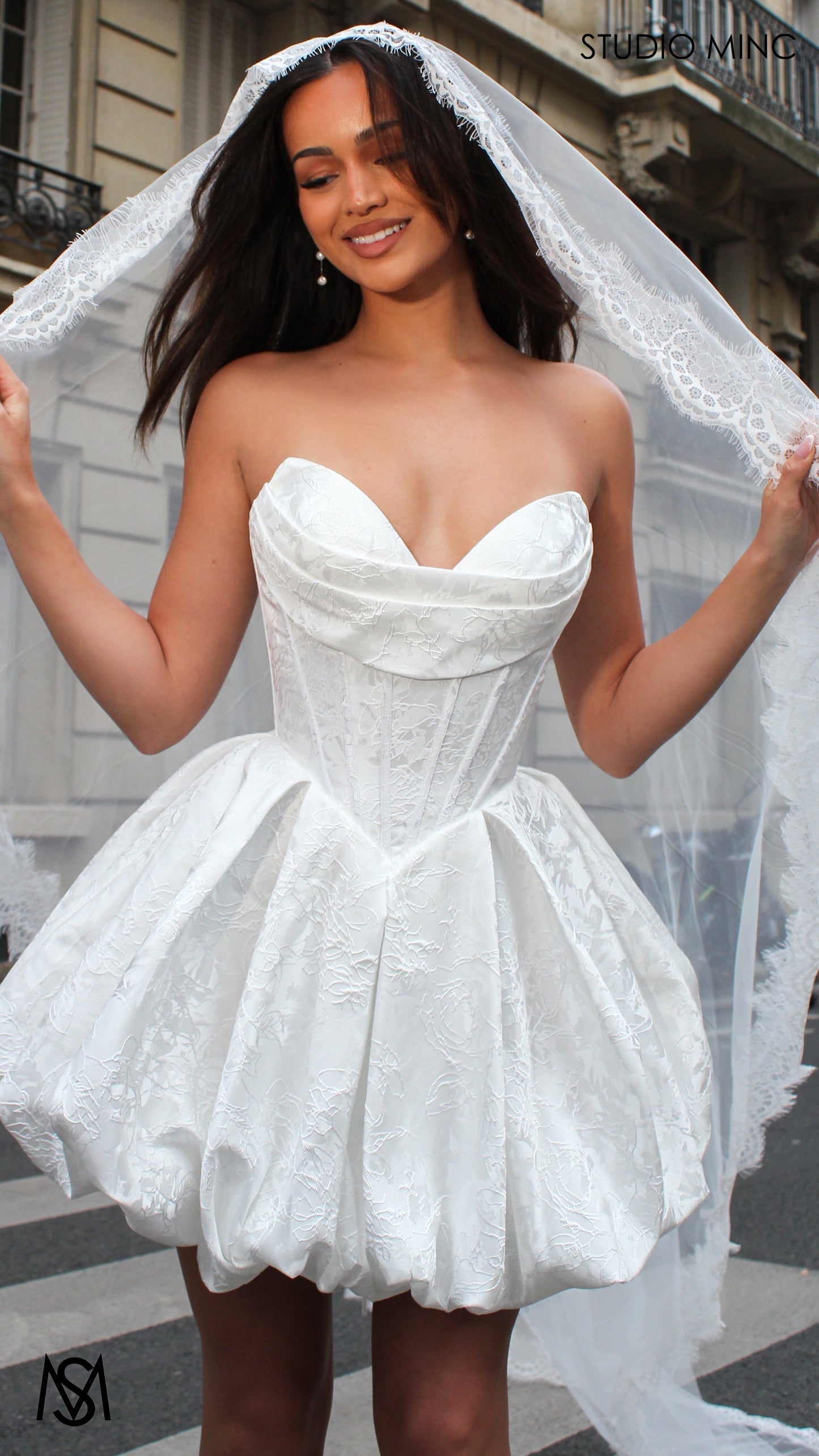 Posie Mini - White Bridal Mini Dress | Corset basque waist, floral embossed Satin Bubble Party Dress