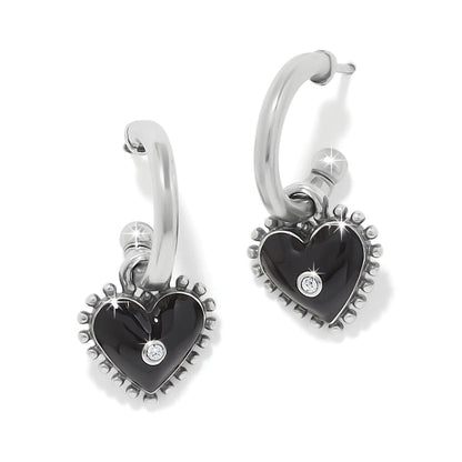 Brighton hoop earrings with black enamel heart drops, silver-plated beaded edges, and crystal accents on a white background