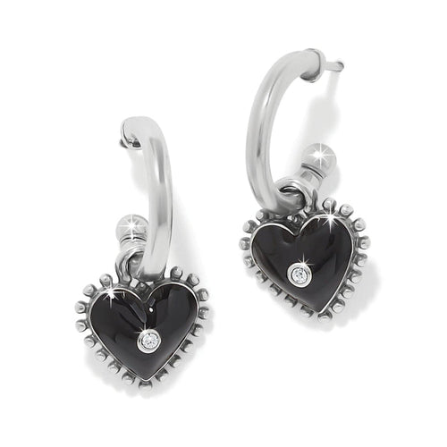 Brighton hoop earrings with black enamel heart drops, silver-plated beaded edges, and crystal accents on a white background