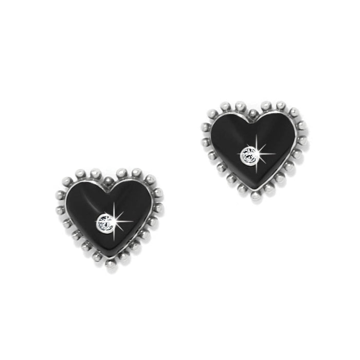 Brighton stud earrings with black enamel hearts, silver-plated beaded borders, and crystal centers on a white background