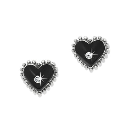 Brighton stud earrings with black enamel hearts, silver-plated beaded borders, and crystal centers on a white background