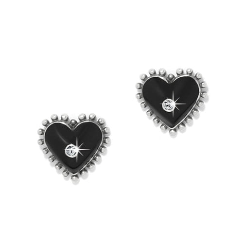 Brighton stud earrings with black enamel hearts, silver-plated beaded borders, and crystal centers on a white background