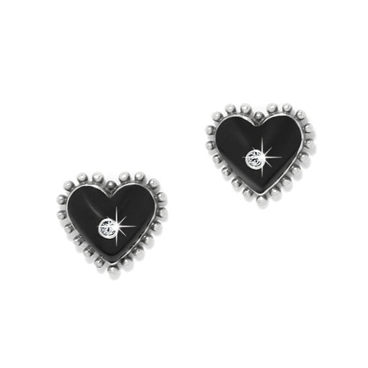 Brighton stud earrings with black enamel hearts, silver-plated beaded borders, and crystal centers on a white background