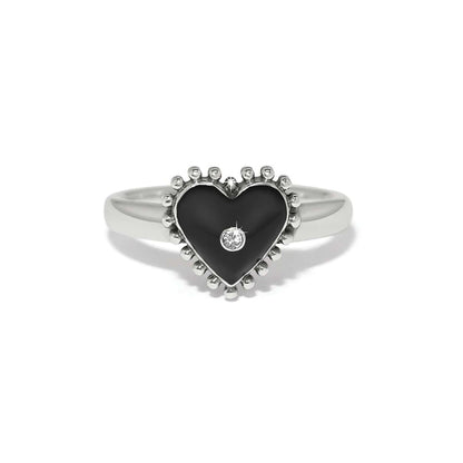 Brighton ring with black enamel heart, crystal accent, and silver-plated beaded border on a white background