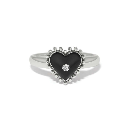 Brighton ring with black enamel heart, crystal accent, and silver-plated beaded border on a white background