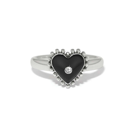 Brighton ring with black enamel heart, crystal accent, and silver-plated beaded border on a white background
