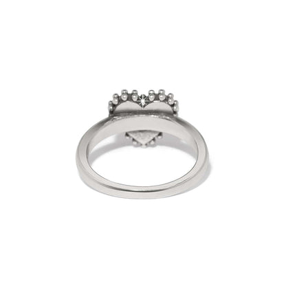 Brighton ring shown from the back with silver-plated band and beaded heart-shaped top on a white background
