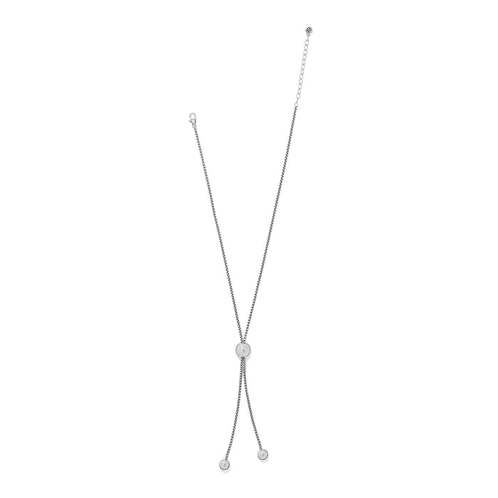 Brighton lariat necklace with silver-plated box chain and three pearl drops with adjustable closure on a white background