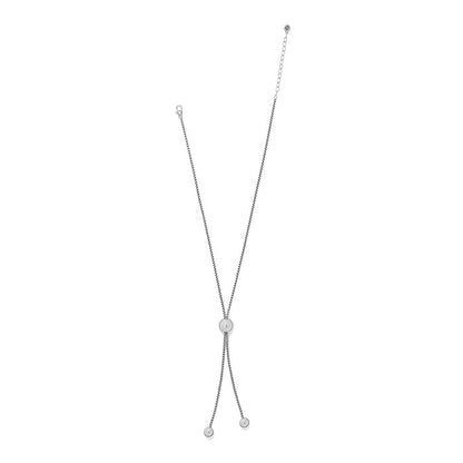 Brighton lariat necklace with silver-plated box chain and three pearl drops with adjustable closure on a white background