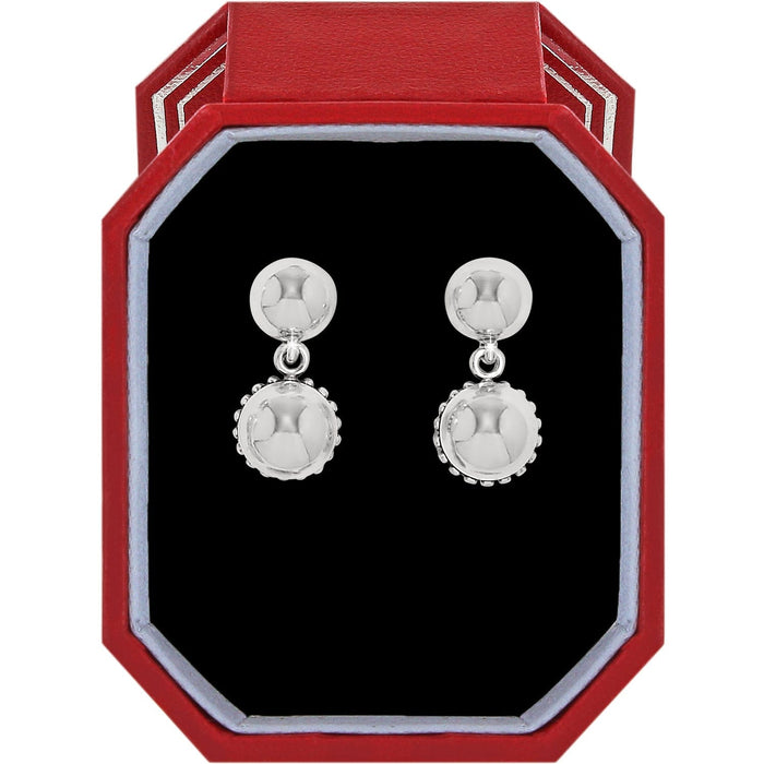 Brighton silver-plated drop earrings with polished round beads and beaded accents displayed in a red gift box