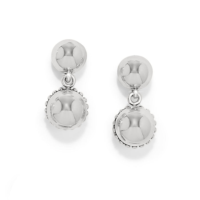 Brighton drop earrings with silver-plated polished spheres and beaded trim accents on a white background