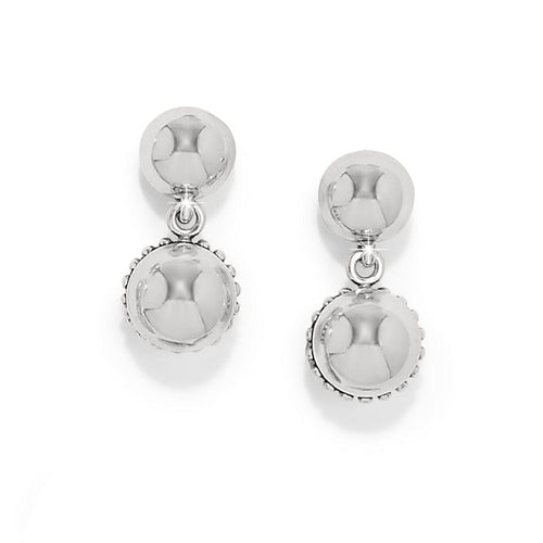 Brighton drop earrings with silver-plated polished spheres and beaded trim accents on a white background