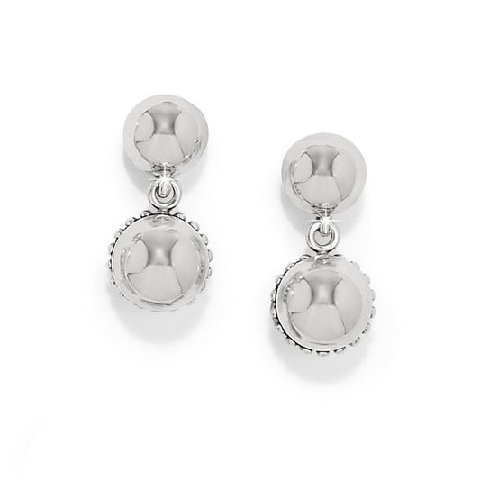 Brighton drop earrings with silver-plated polished spheres and beaded trim accents on a white background