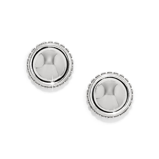 Brighton stud earrings with domed silver-plated centers and beaded textured borders on a white background