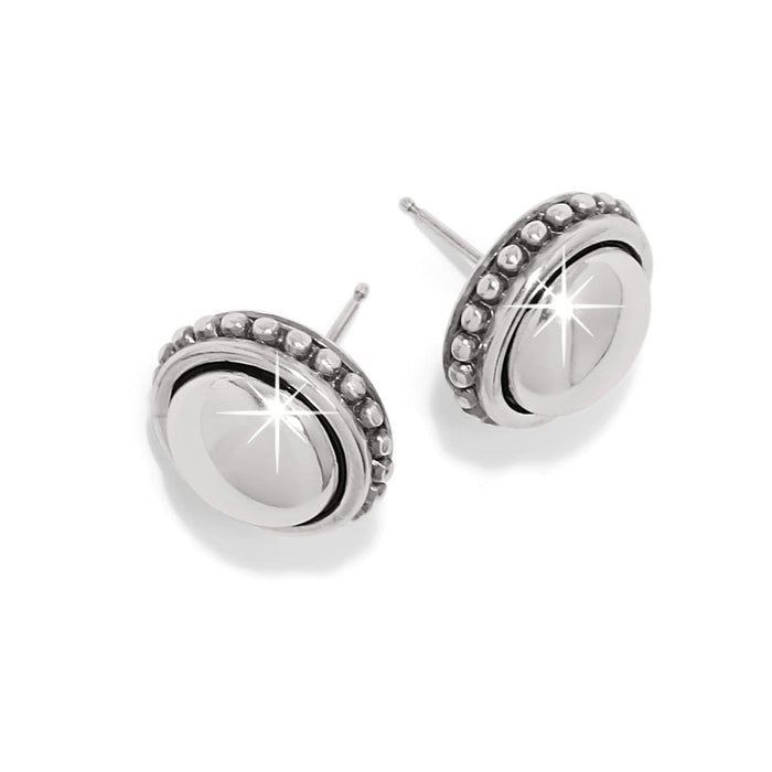 Brighton stud earrings with silver-plated domed centers and beaded oval borders on a white background