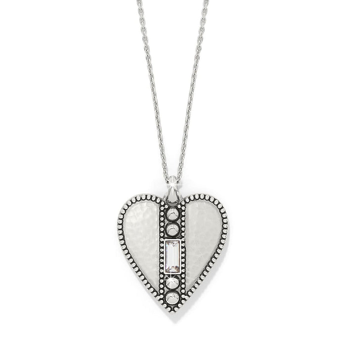 Brighton heart pendant necklace with hammered silver-plated finish, beaded edges, and crystal baguette accent on a white background