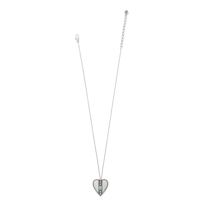 Brighton silver-plated heart pendant necklace with blue crystal and pearl accents on a white background