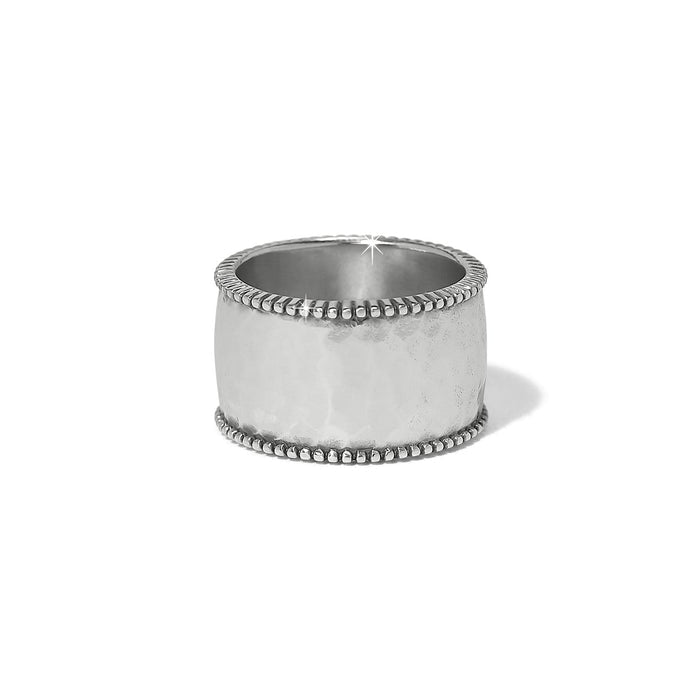 Brighton silver-plated wide band ring with hammered finish and beaded edge detailing on a white background