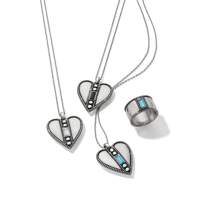 Brighton silver-plated heart pendant necklaces styled with a matching hammered ring featuring crystal baguette accents